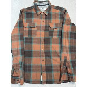 Jetty Heavy Flannel Shirt Brown Teal Burnt Orange Plaid Mens L Coastal Workwear